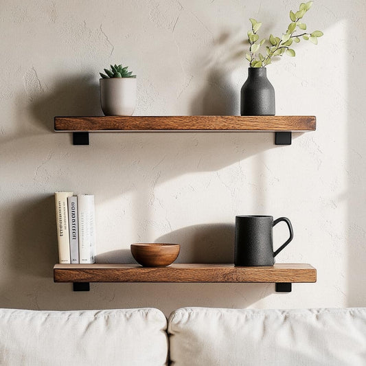 Tulpex Set of 3 Floating Wood Wall Shelves - Rustic Pine Display Ledges for Bedroom, Living Room & Bathroom - Invisible Brackets - Walnut Finish