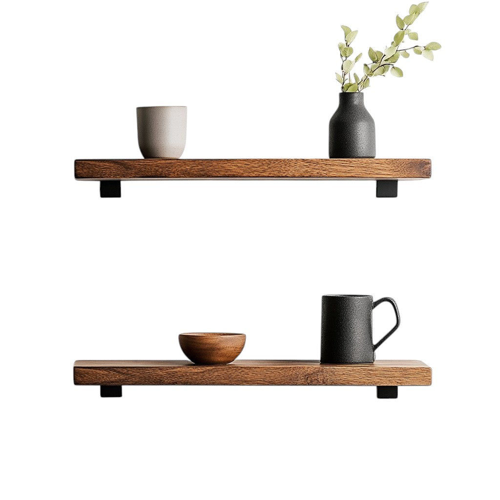 Tulpex Set of 3 Floating Wood Wall Shelves - Rustic Pine Display Ledges for Bedroom, Living Room & Bathroom - Invisible Brackets - Walnut Finish