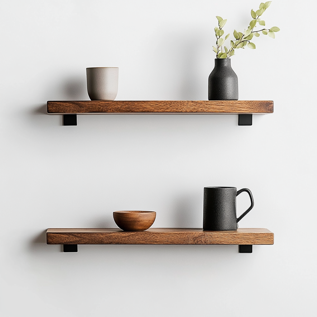 Tulpex Set of 3 Floating Wood Wall Shelves - Rustic Pine Display Ledges for Bedroom, Living Room & Bathroom - Invisible Brackets - Walnut Finish