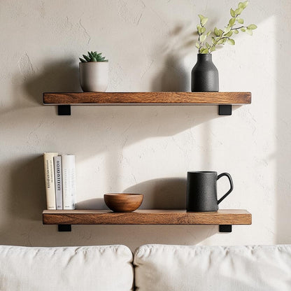 Tulpex Set of 3 Floating Wood Wall Shelves - Rustic Pine Display Ledges for Bedroom, Living Room & Bathroom - Invisible Brackets - Walnut Finish