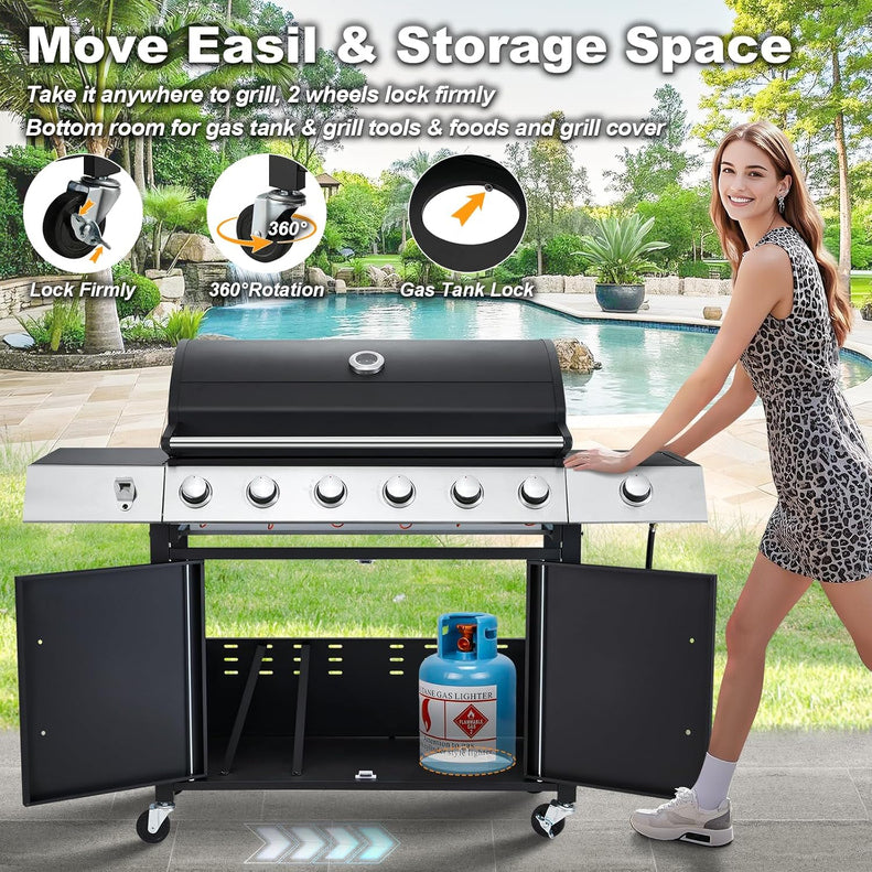 Upgraded 4 Burner BBQ Propane Gas Grill with Cast Iron Grates & Side Stove, 44,000 BTU Stainless Steel Burner Barbecue Grill for Patio, Camping, Outdoor Cooking MELLCOM