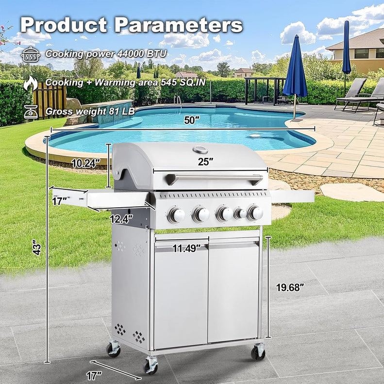 Upgraded 4 Burner BBQ Propane Gas Grill with Cast Iron Grates & Side Stove, 44,000 BTU Stainless Steel Burner Barbecue Grill for Patio, Camping, Outdoor Cooking MELLCOM