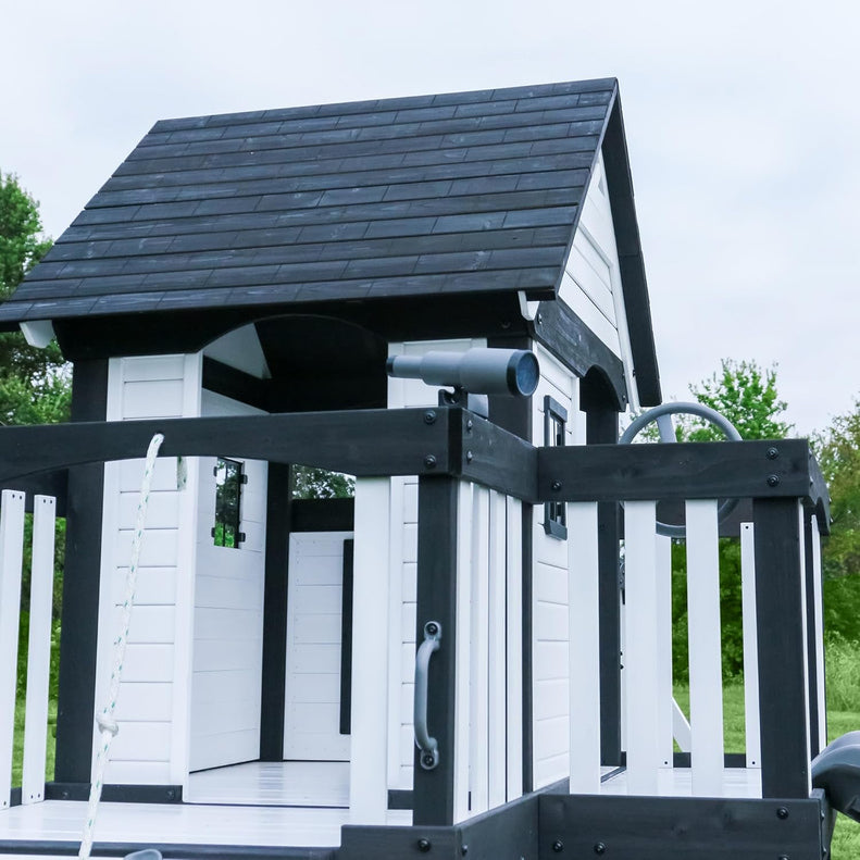 Canyon Creek Cedar Wood Swing Set with Wave Slide, Clubhouse, Play Kitchen, Picnic Area, Belt Swings, Web Swing, Rock Wall, Balconies, Playhouse, Step Ladder, Outdoor Playset