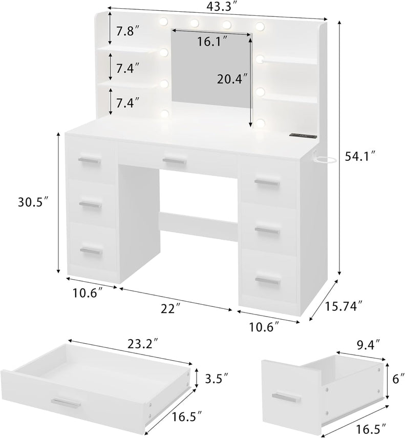 Vanity Desk with Mirror LED Lights and Power Outlet Makeup with 7 Drawers