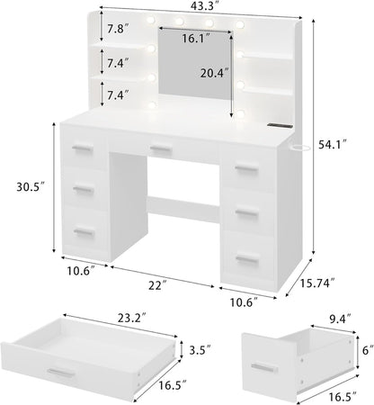 Vanity Desk with Mirror LED Lights and Power Outlet Makeup with 7 Drawers